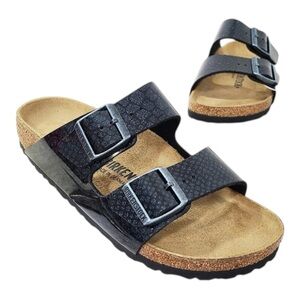 Birkenstock Arizona Double Buckle Sandals Blue Black Glitter Birkoflor Sz 10 NEW